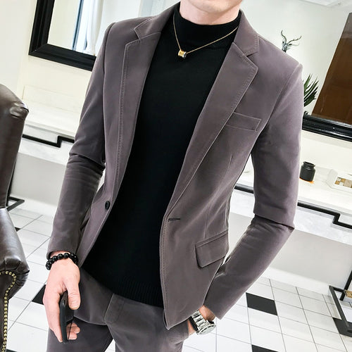 2019 Autumn New Style Men's Suede Blazer Stylish GUY'S Slim Fit Single-Button Plain Jacket Suit Pants Suit Set