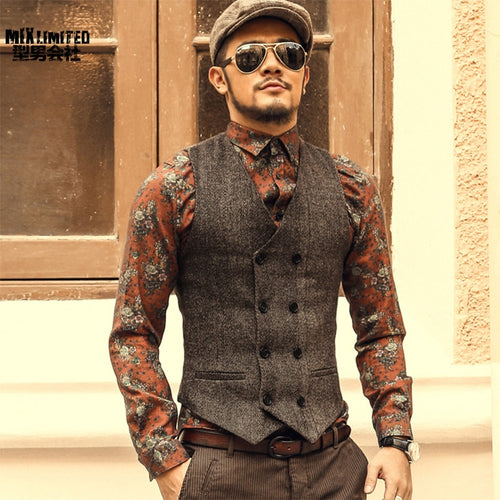 Mens Double Breasted Vest Men Dress Suit Vest Men Formal Grey Vest Suit Gilet Vest Slim Business Jacket Tops homme spring M51